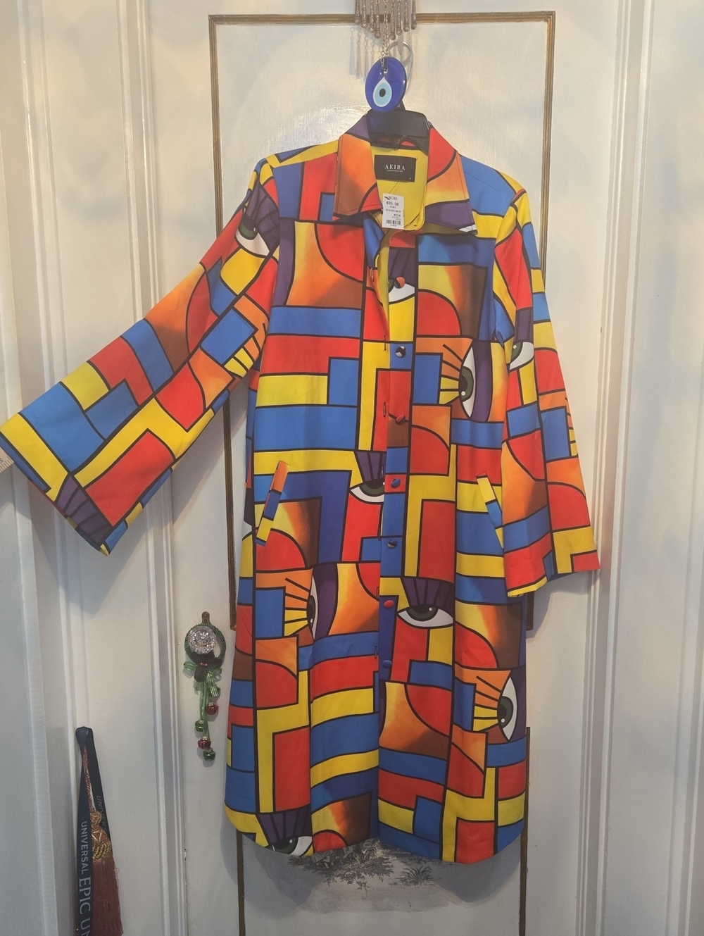 Stunning Multicolor Graphic Button-Up Trench - Bold Abstract Print
